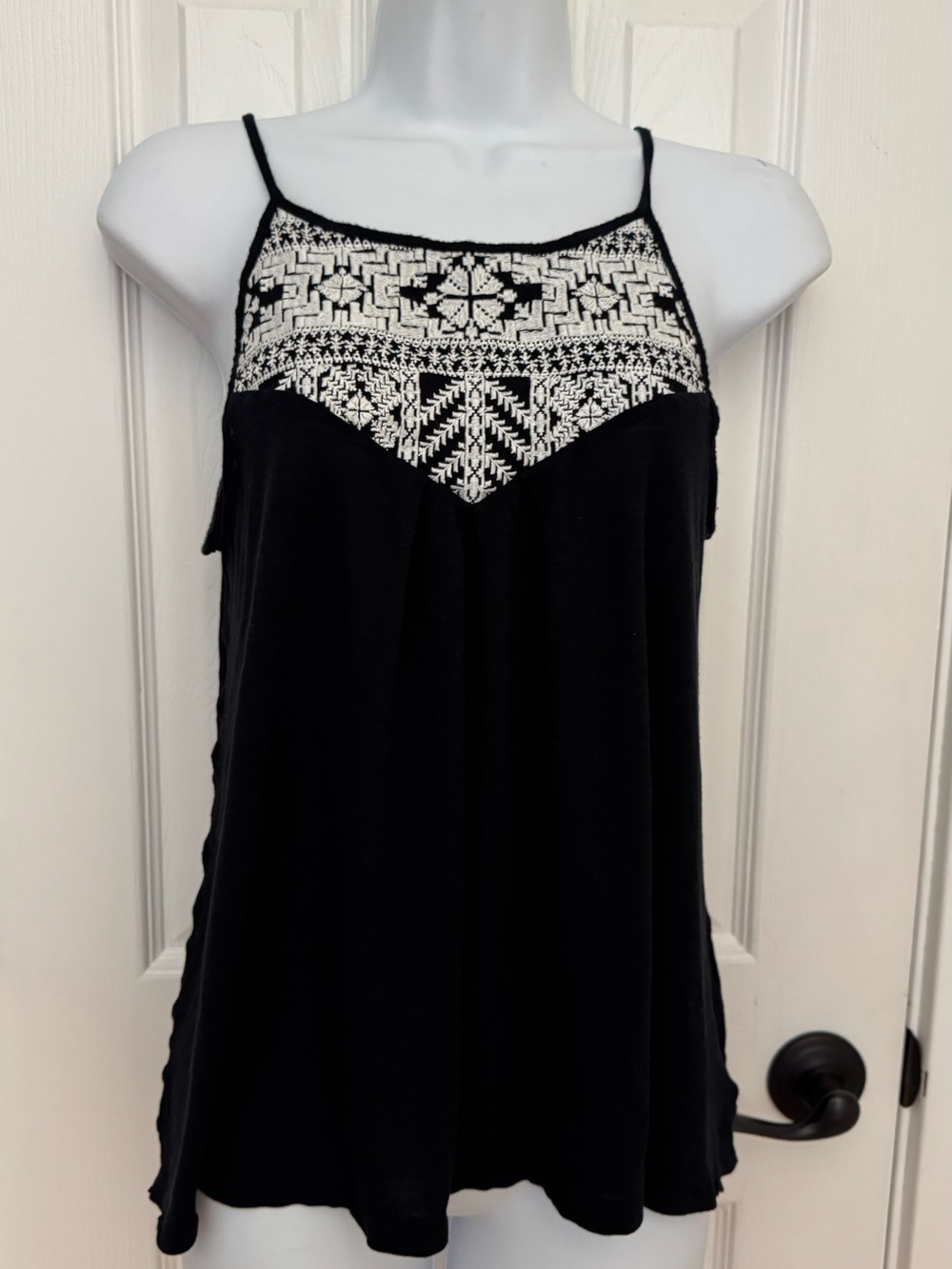 American Eagle Outfitters Black Tank Top with White Embroidered Yoke